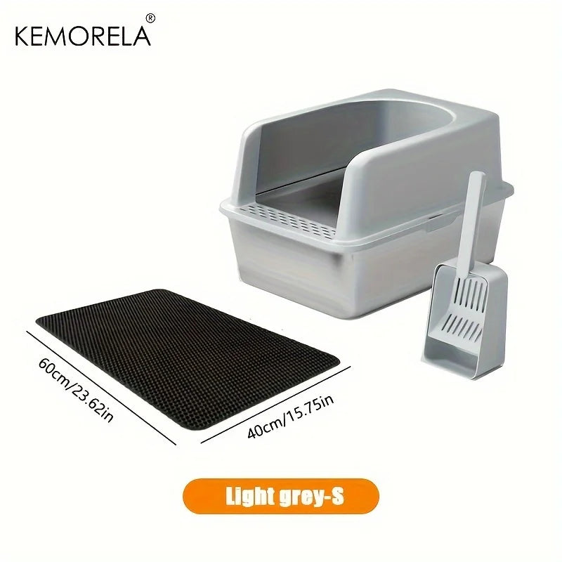 Stainless steel litter box with scoop and mat