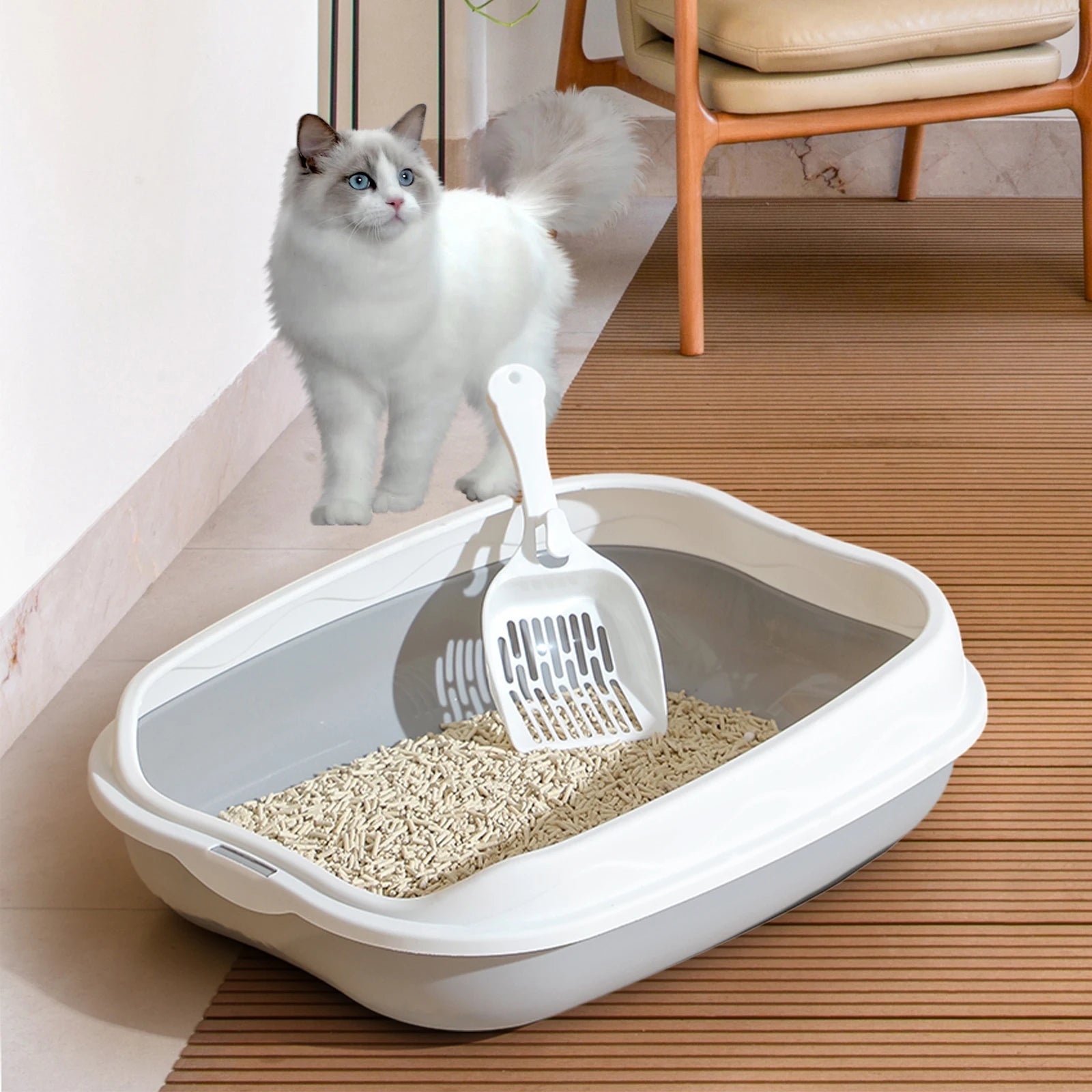 Small semi-enclosed cat litter box with scoop