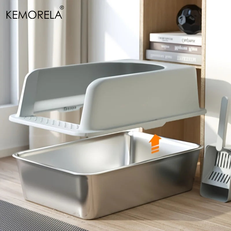 Stainless steel litter box with scoop and mat