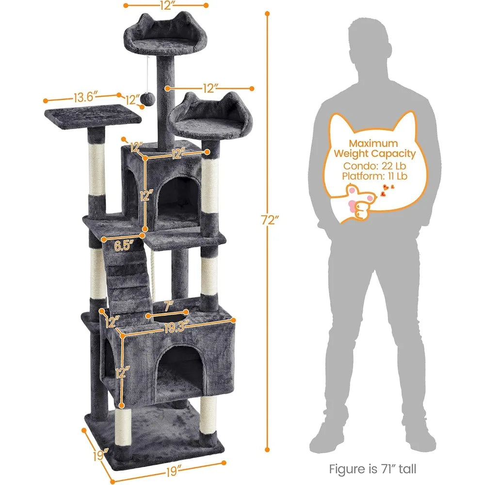 Cat Tree,72in Multi-Level Cat Tower with 2 Cozy Caves, 3 Soft Perches, Scratching Posts,Board,and Ball, Pet Furniture Play House