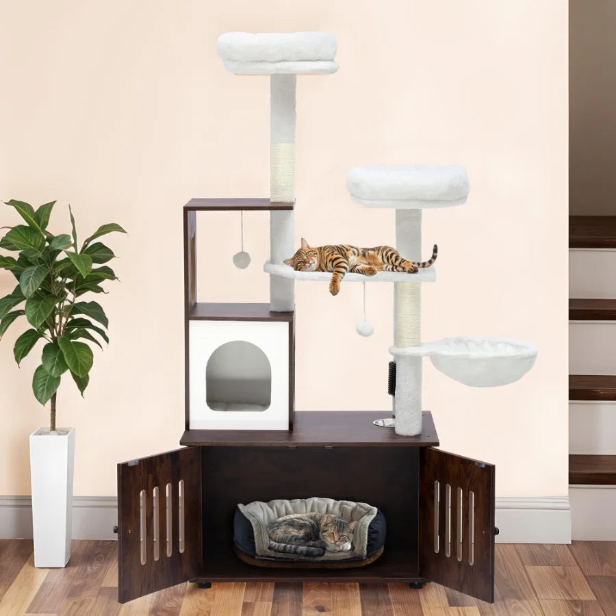 2-in-1 Cat Tree with Litter Box Container for Modern Homes