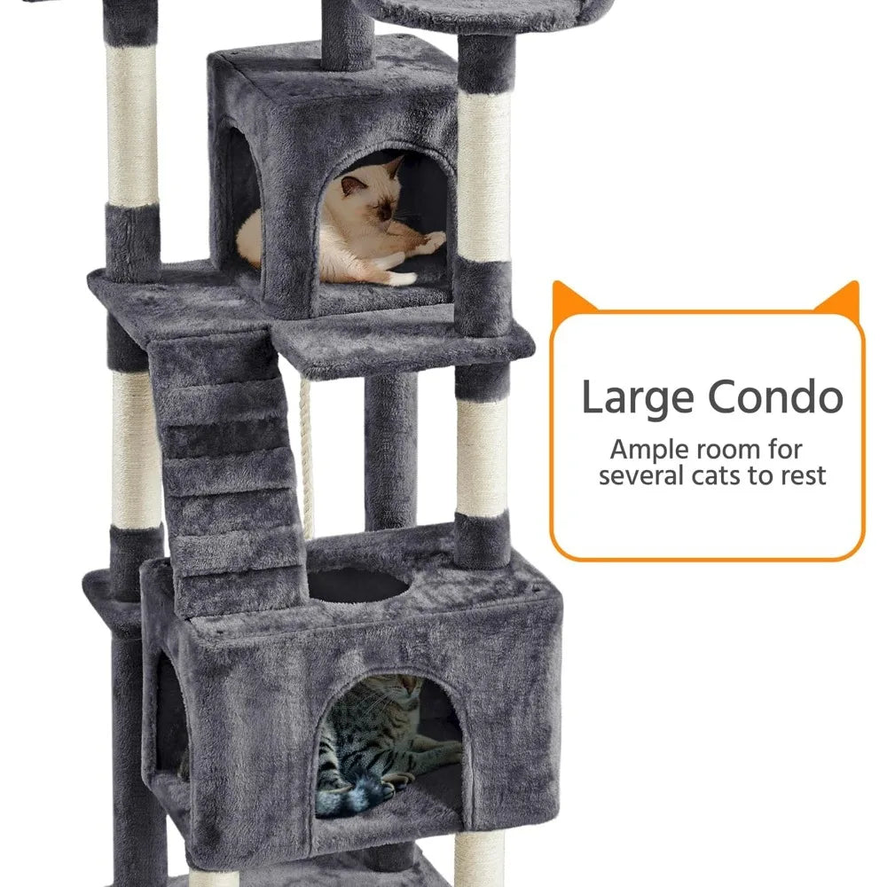 Cat Tree,72in Multi-Level Cat Tower with 2 Cozy Caves, 3 Soft Perches, Scratching Posts,Board,and Ball, Pet Furniture Play House