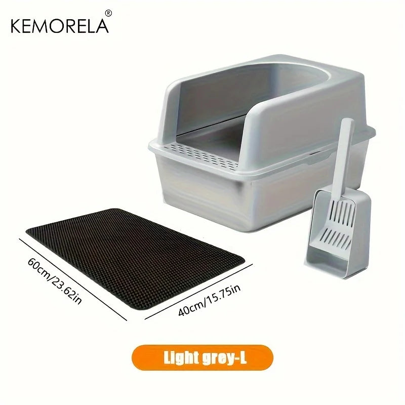 Stainless steel litter box with scoop and mat