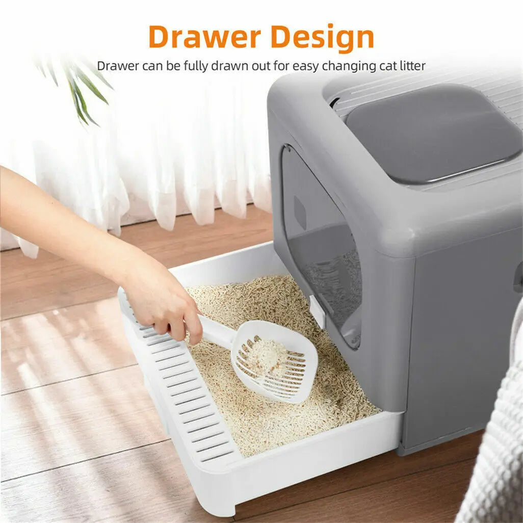 Cat Litter Box with Scoop and Foldable Closed Sieves Tray