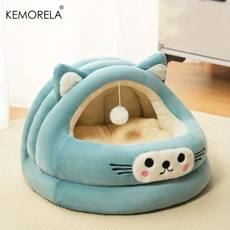 Semi-enclosed warm cat bed with cat ears