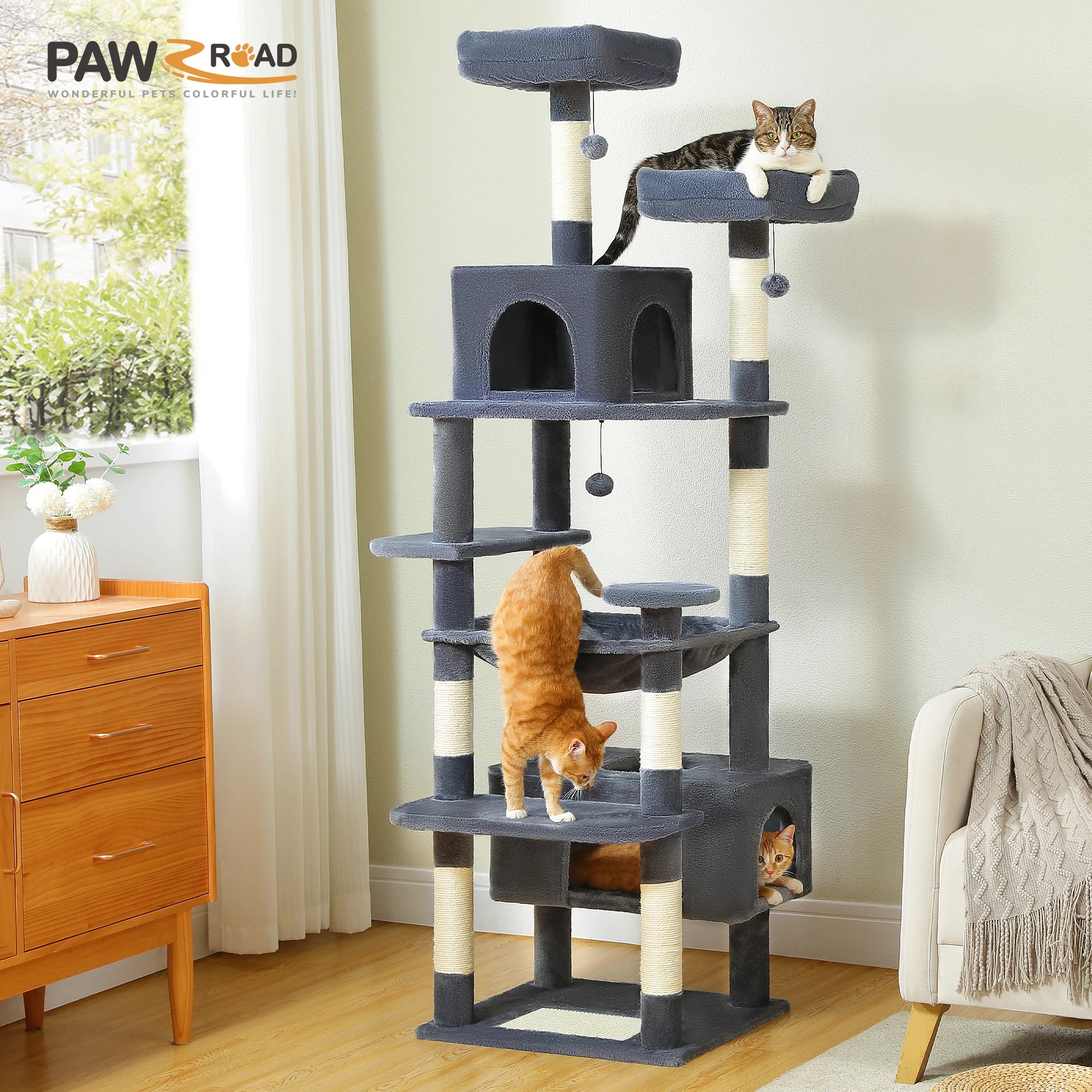 Large Cat Tree and Tower for Indoor Cats with Sisal-Covered Scratching Posts