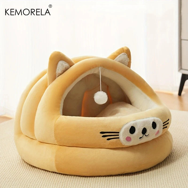 Semi-enclosed warm cat bed with cat ears