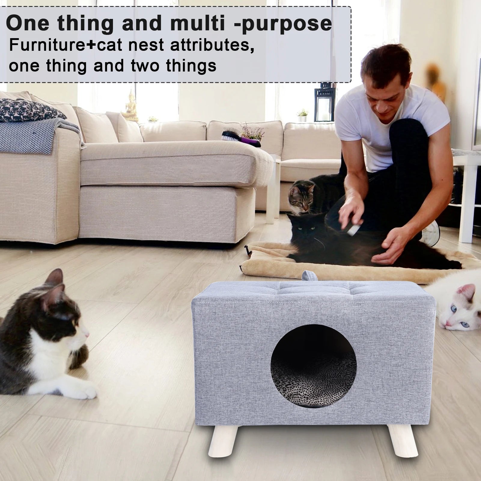 Wooden Pet House Cave with Mat