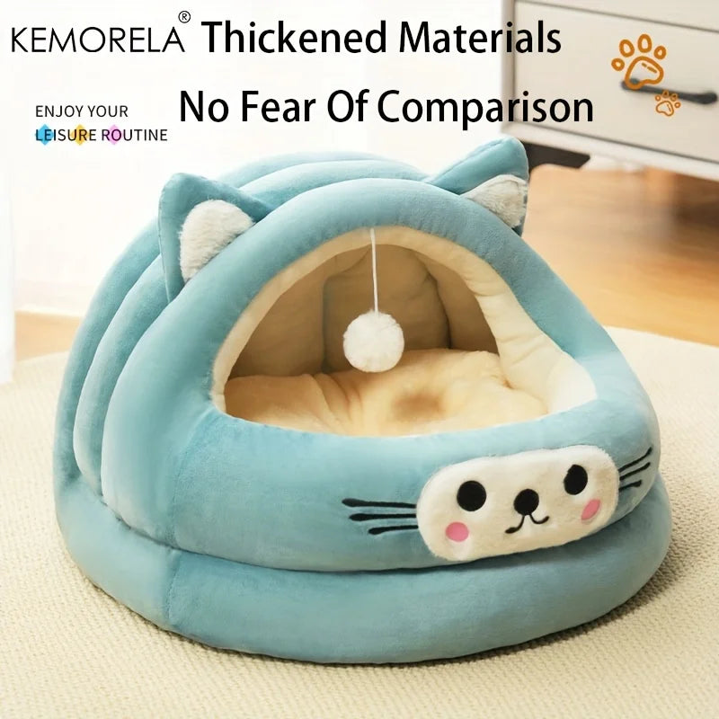Semi-enclosed warm cat bed with cat ears