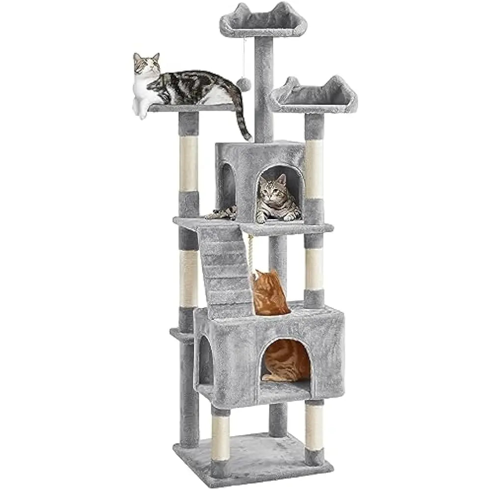 Cat Tree,72in Multi-Level Cat Tower with 2 Cozy Caves, 3 Soft Perches, Scratching Posts,Board,and Ball, Pet Furniture Play House