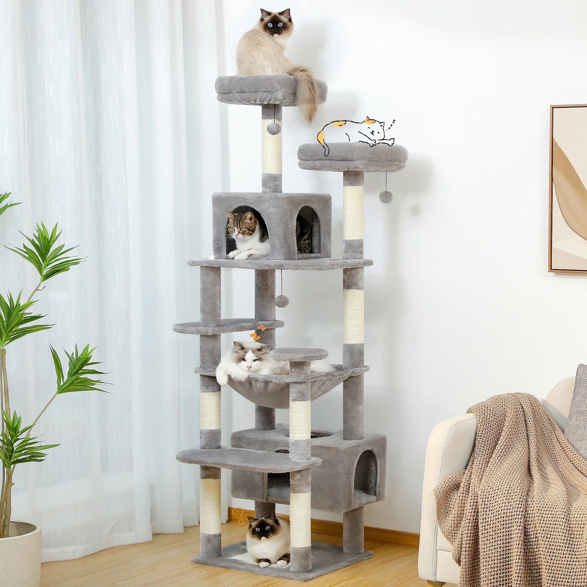 Large Cat Tree and Tower for Indoor Cats with Sisal-Covered Scratching Posts