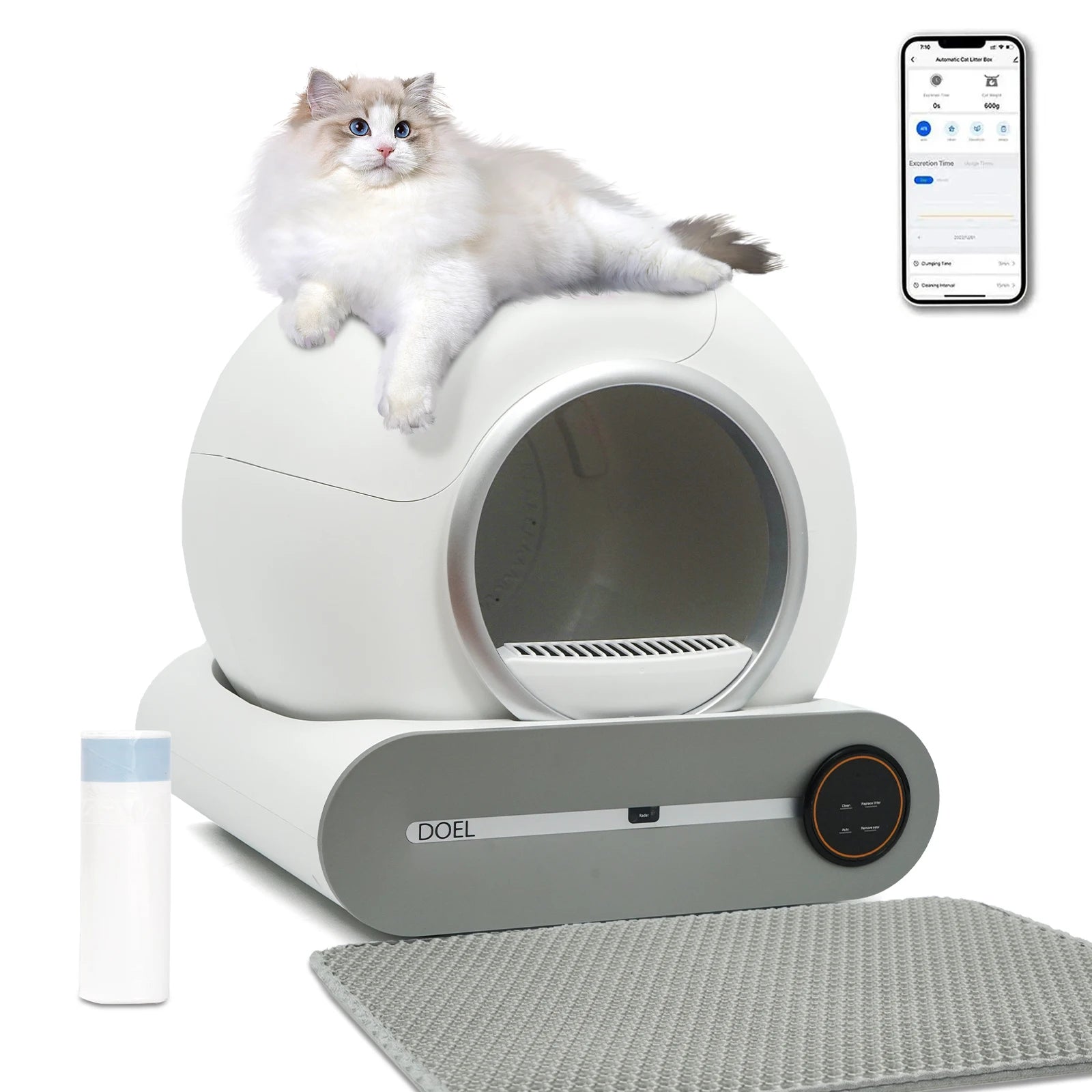 65L Self-Cleaning Cat Litter Box with Litter Bag and Mat, App Control