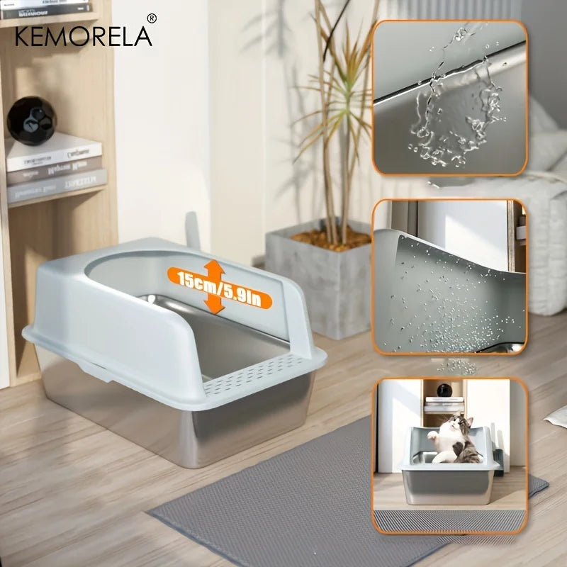 Stainless steel litter box with scoop and mat
