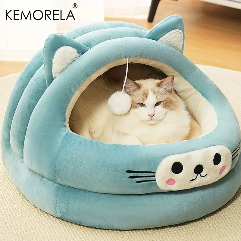 Semi-enclosed warm cat bed with cat ears