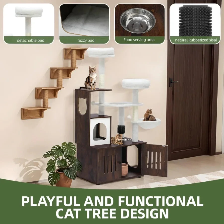 2-in-1 Cat Tree with Litter Box Container for Modern Homes
