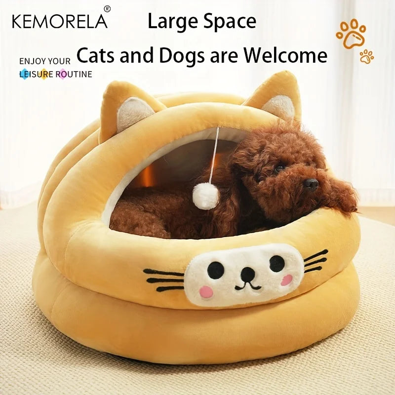 Semi-enclosed warm cat bed with cat ears