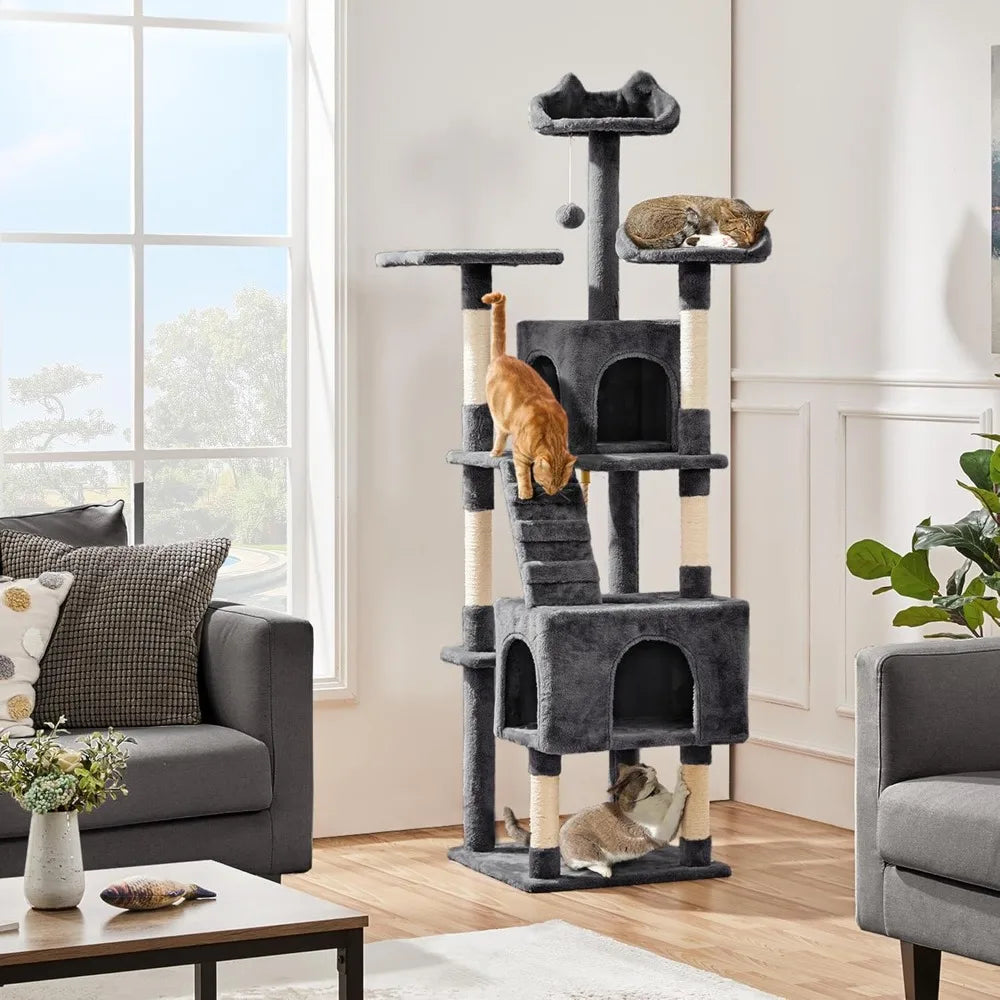 Cat Tree,72in Multi-Level Cat Tower with 2 Cozy Caves, 3 Soft Perches, Scratching Posts,Board,and Ball, Pet Furniture Play House
