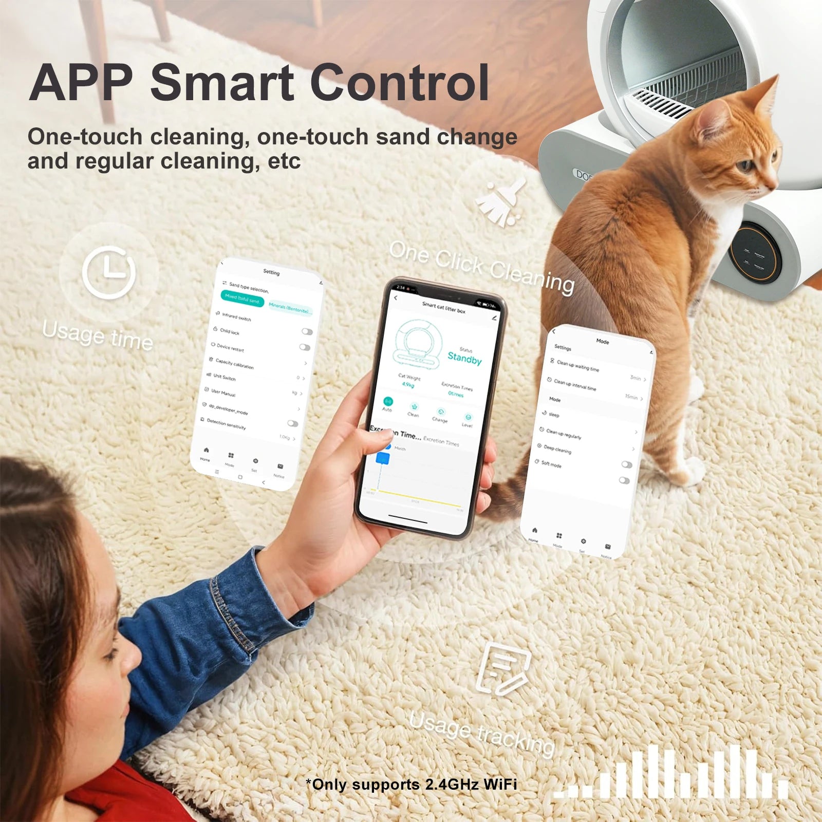 65L Self-Cleaning Cat Litter Box with Litter Bag and Mat, App Control