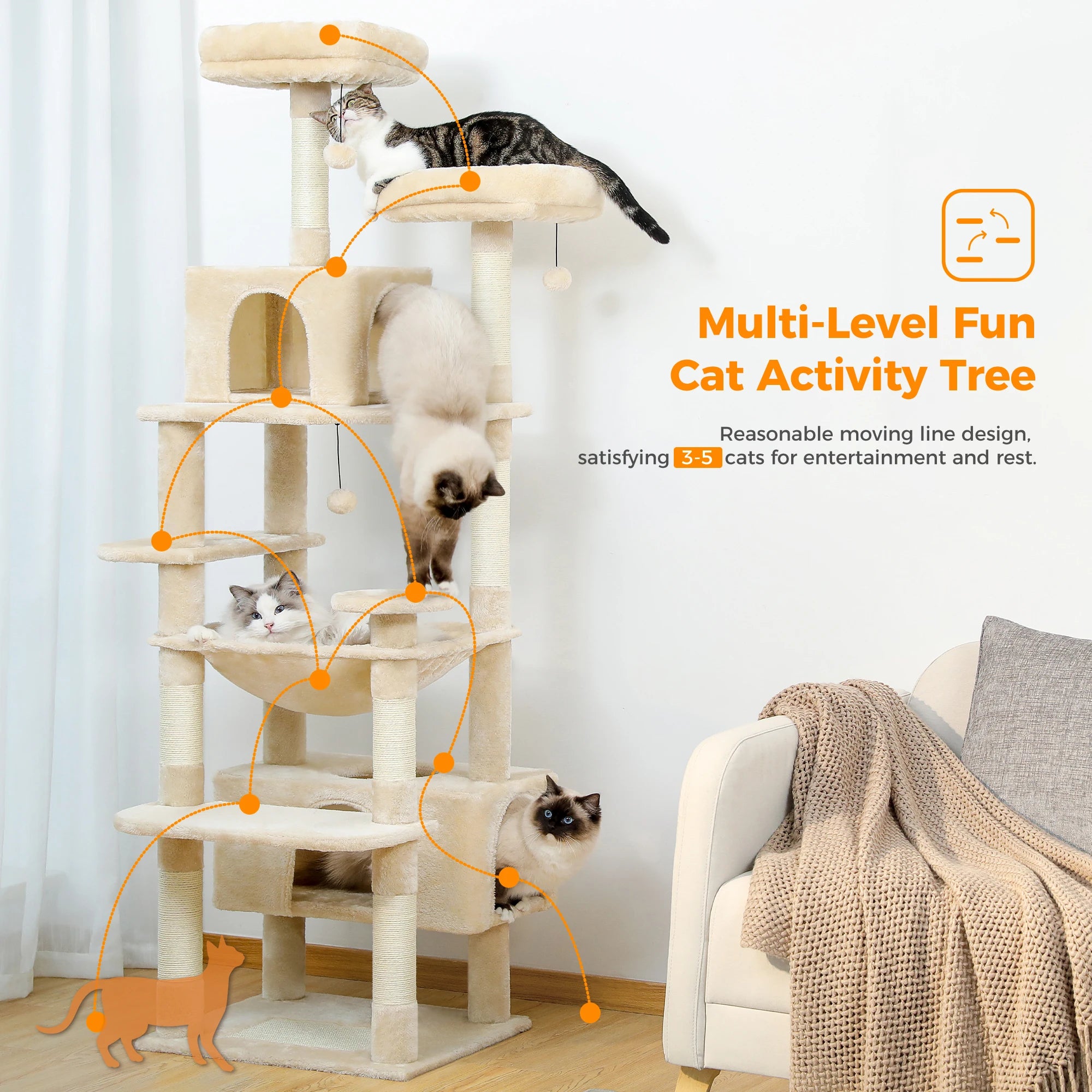 Large Cat Tree and Tower for Indoor Cats with Sisal-Covered Scratching Posts