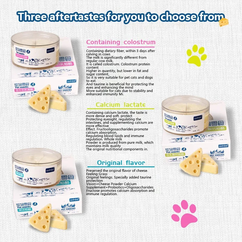 Dried pet food, cheese rich in calcium and nutrients