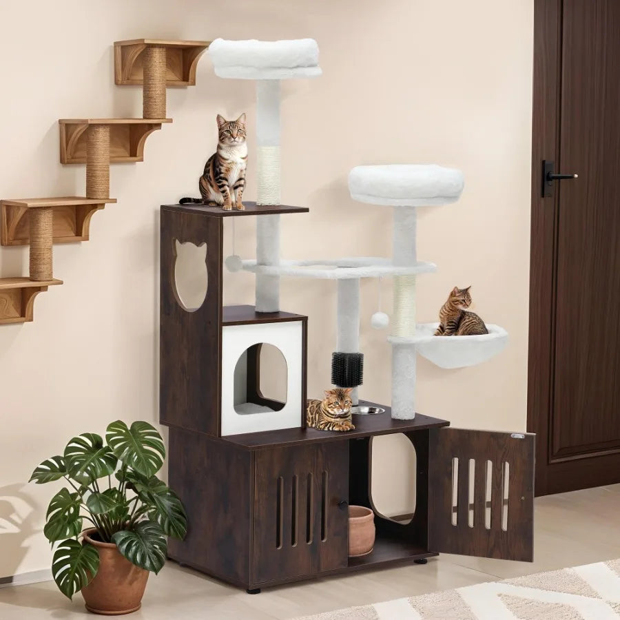 Cat tree with multiple levels and a cat sitting on top in a room setting.
