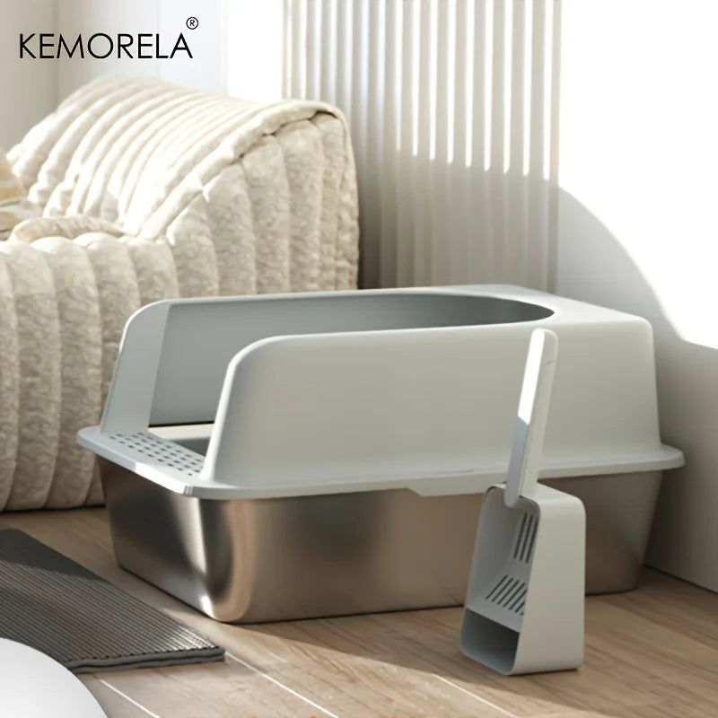 Stainless steel litter box with scoop and mat