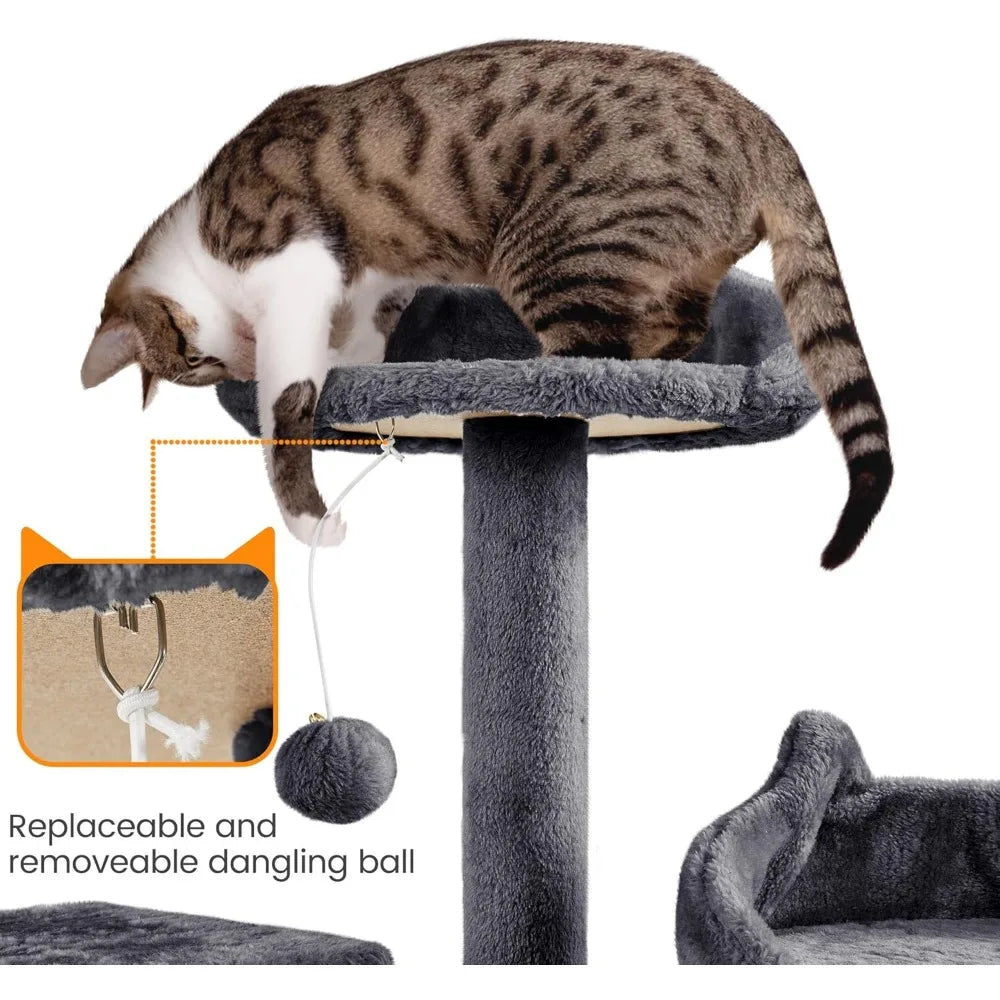 Cat Tree,72in Multi-Level Cat Tower with 2 Cozy Caves, 3 Soft Perches, Scratching Posts,Board,and Ball, Pet Furniture Play House