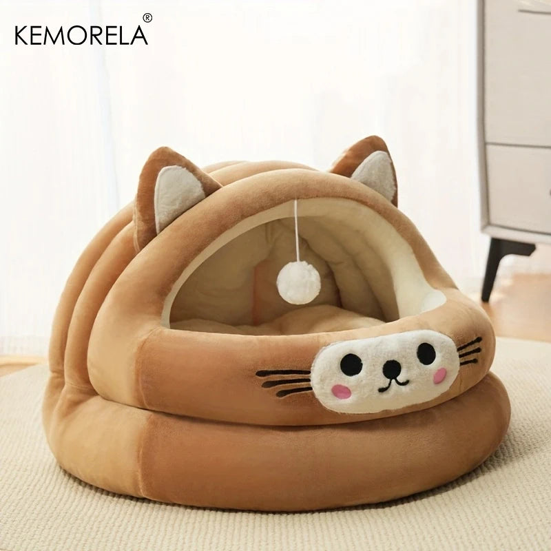 Semi-enclosed warm cat bed with cat ears