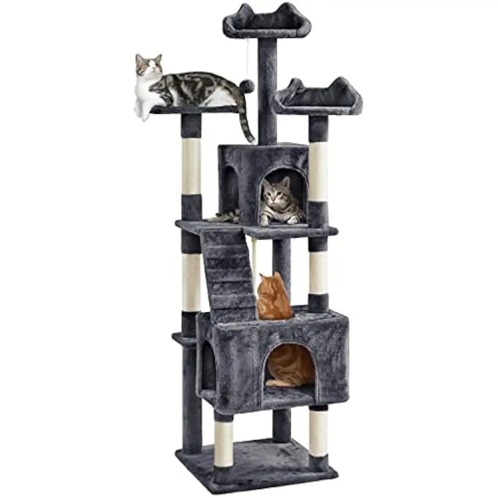 Cat Tree,72in Multi-Level Cat Tower with 2 Cozy Caves, 3 Soft Perches, Scratching Posts,Board,and Ball, Pet Furniture Play House