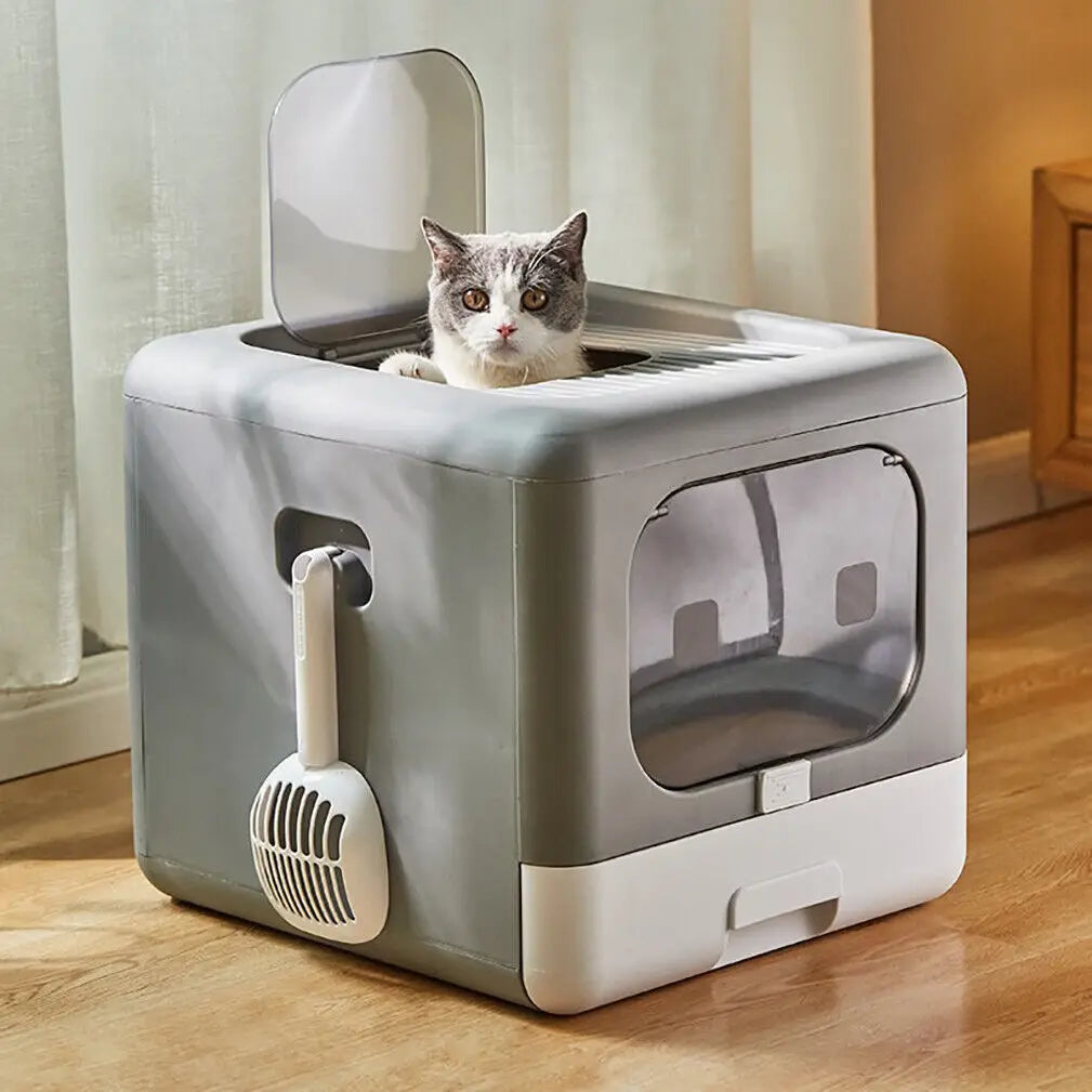 Cat Litter Box with Scoop and Foldable Closed Sieves Tray