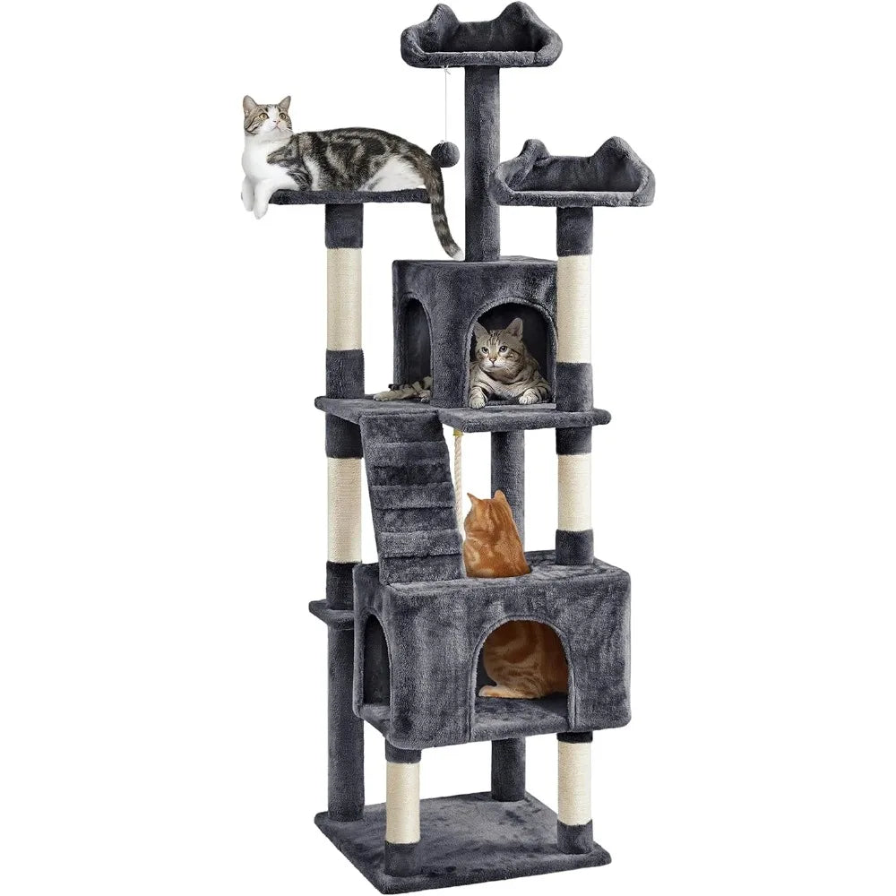 Cat Tree,72in Multi-Level Cat Tower with 2 Cozy Caves, 3 Soft Perches, Scratching Posts,Board,and Ball, Pet Furniture Play House
