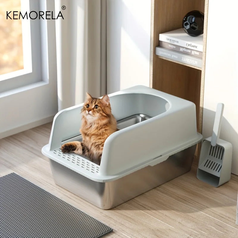 Stainless steel litter box with scoop and mat